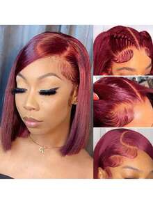 99j Burgundy Lace Front Wigs Human Blended Hair 8-16 Inch Short Bob Wig 13x4 Lace Front Wigs Pre Plucked 180% Density Straight Bob Wig Natural Hairline Wine Red Wigs For Women(Blended Wigs-A Mix Of Human Blended Hair And Synthetic) - S99J - View 4