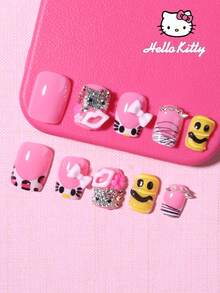 SANRIO 24片短方形3D凝胶美甲贴纸，图案包括可爱笑脸、嘴唇、花朵、蝴蝶结和珍珠水钻，粉色少女风，适合女性日常和派对使用，包含1瓶胶水和1个指甲锉。 - 彩色 - 查看 3