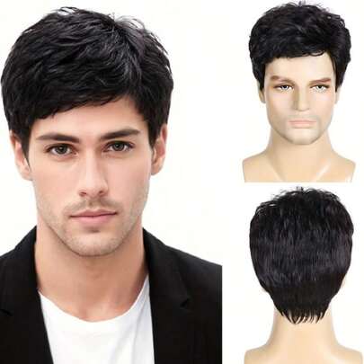 Men's Short Black Layered Natural Fluffy Synthetic Wig, Costume Wig For Halloween, Men's Wig, Wig Accessories