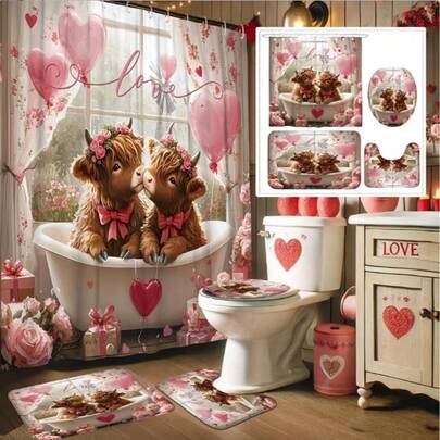 1/4-delars Alla hjärtans dag-dekorationset med mönster av höglandskon och hjärtmönster. Detta bedårande romantiska rosa och bruna duschdraperi är tvättbart, perfekt för badrumsinredning. Det innehåller 12 krokar och 1 halkfri badrumsmatta, samt ett U-format toalettlock, en utmärkt present till hemmet.