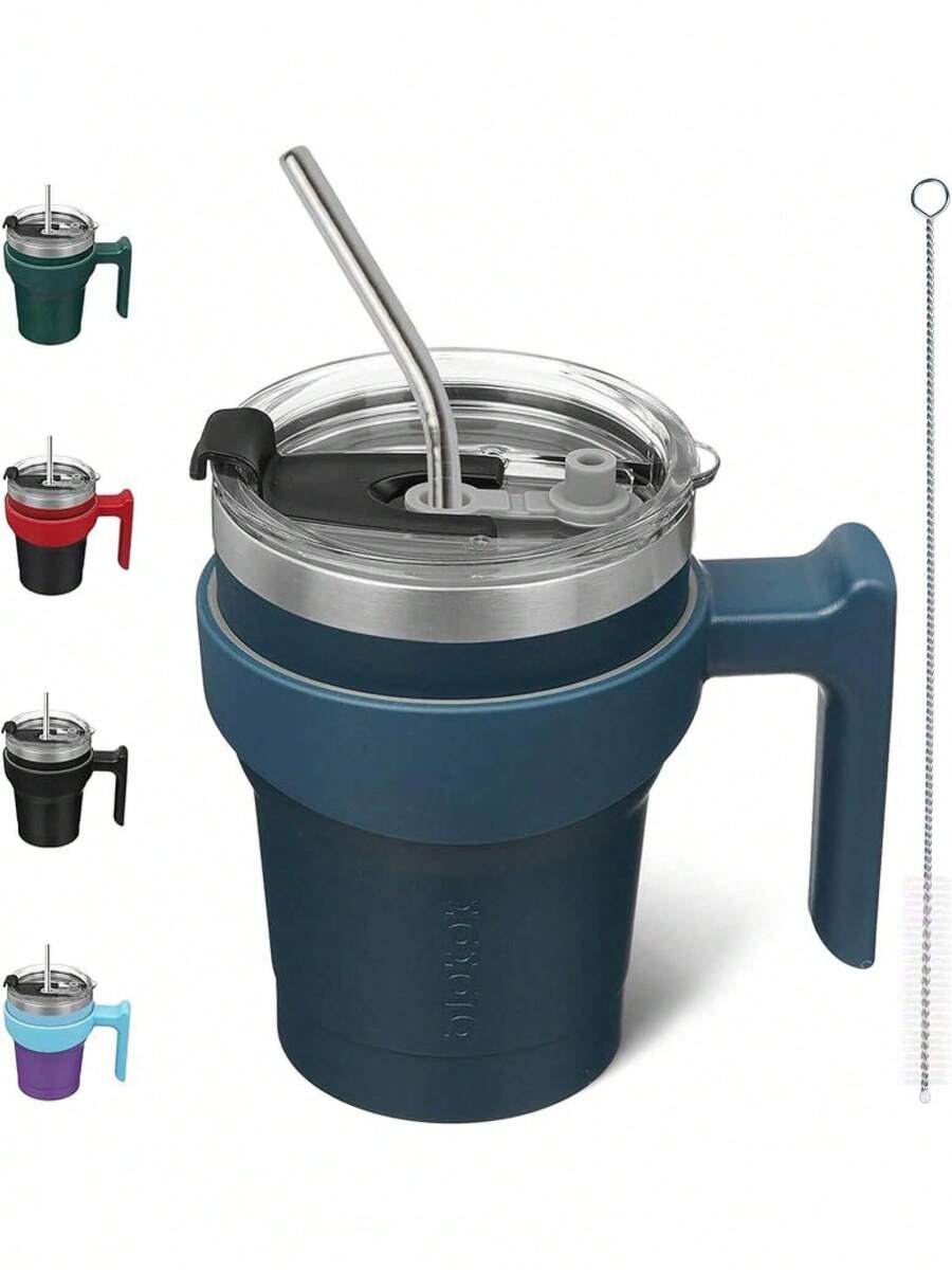 Vaso de con asa de acero inoxidable con tapa y popote para mujer, color verde lavanda - A-Azul marino - Ver 1