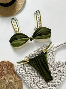 Women's Beaded Backless Tie-Back Tri-Color Textured Elegant High-End Bikini Set, Suitable For Beach, Resort, Spa, Spring/Summer/Autumn - Green - View 5