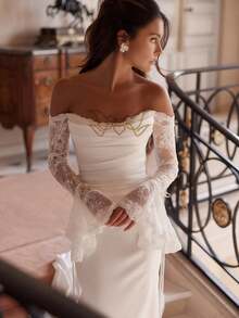 Sweetheart Sexy Off Shoulder Lace Long Sleeves Pleat Mermaid Satin Formal Wedding Dress Registry Office Dresses Bridal Fashion,Evening Party Dress Birthday Party Dress Country Wedding,Romantic Church Ceremony Wedding Dress,Suitable For Wedding,Dating,Party,Singles' Party,Vacation,Formal Occasions,Dinner Dress,Prom Dress,Homecoming Dess,Cocktail Party,Wedding Guest Dress,Graduation - Blanco - Ver 4