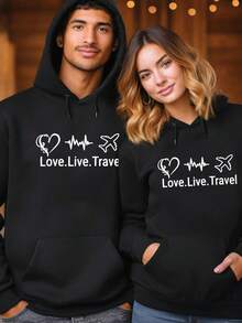 Pareja estilo dos piezas manga larga sudadera con capucha hombre y mujer pareja pareja fechas festivas desgaste casual abrigos grandes bolsillos tirantes sudadera con capucha top - Negro de mujer + Negro de hombre - Ver 1