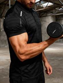 男士速干透气Polo衫，短袖翻领，可机洗，适合户外健身、训练、商务休闲、夏季商务、户外运动、跑步、日常商务休闲穿着 - 黑色 - 查看 4