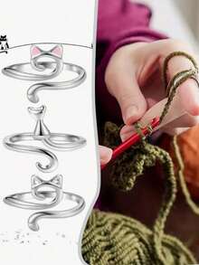 1/5pcs Silver Crochet Hooks With Cat Ear Design, Adjustable Tension Clasp For Women, Used For Guiding Yarn And Crocheting, Finger Crochet Hook With Loop - Multicolor - View 3