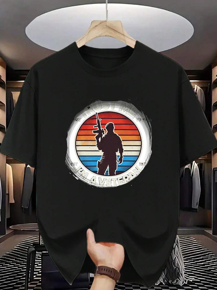 Veteran Pride - Retro Military-Inspired Graphic Tee With Silhouette & American Flag Design, Casual Crew Neck, Lightweight & Stretchy, Perfect For Summer, Adult Size, Everyday Tshirt | Patriotic Design | Comfortable Fit, Military Tshirt - màu đen - Xem 1