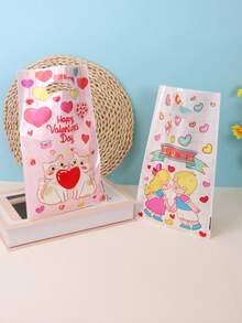 50个可爱情人节塑料礼品袋，卡通动物和情侣图案，带提手设计，适合浪漫礼物 - 彩色 - 查看 3