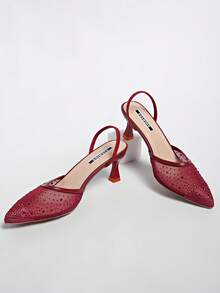 Summer New Rhinestone Fashion Mesh Elegant Closed Toe Ankle Strap High Heel Sandals For Women - Burgundy - View 5