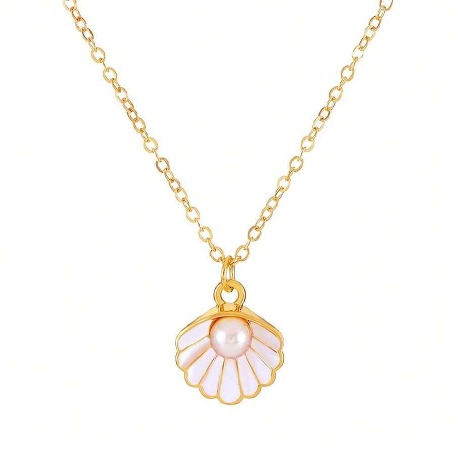 Seashell Pearl Pendant Necklace Gold Plated Boho Enamel Pink Blue Scallop Sea Shell Starfish Ocean Animal Chain Necklace For Women Hawaiian Summer Beach Holiday Fashion Jewelry Gifts - White - 查看 1