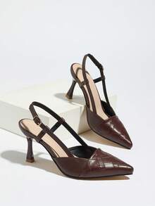 女士尖头细高跟鞋 时尚百搭 工作派对压纹纯色无后跟搭扣高跟鞋 - 深棕色 - 查看 6