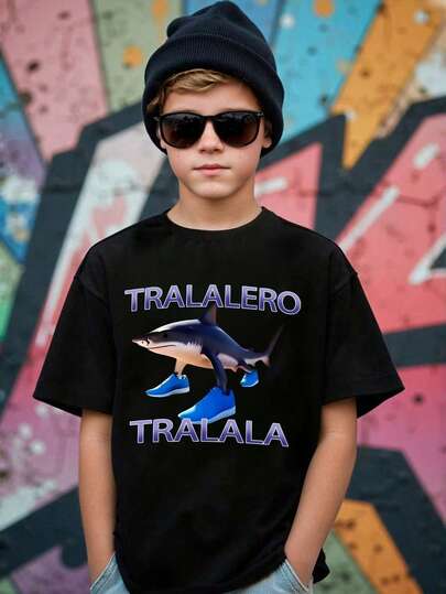 青少年男孩卡通鲨鱼字母印花圆领短袖休闲T恤