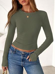 Women Spring And Fall Long Sleeve Shirts Ribbed Crewneck Fitted Basic Tee Going Out Tops Casual Workout Vacation Outfits - 軍綠色 - 查看 1