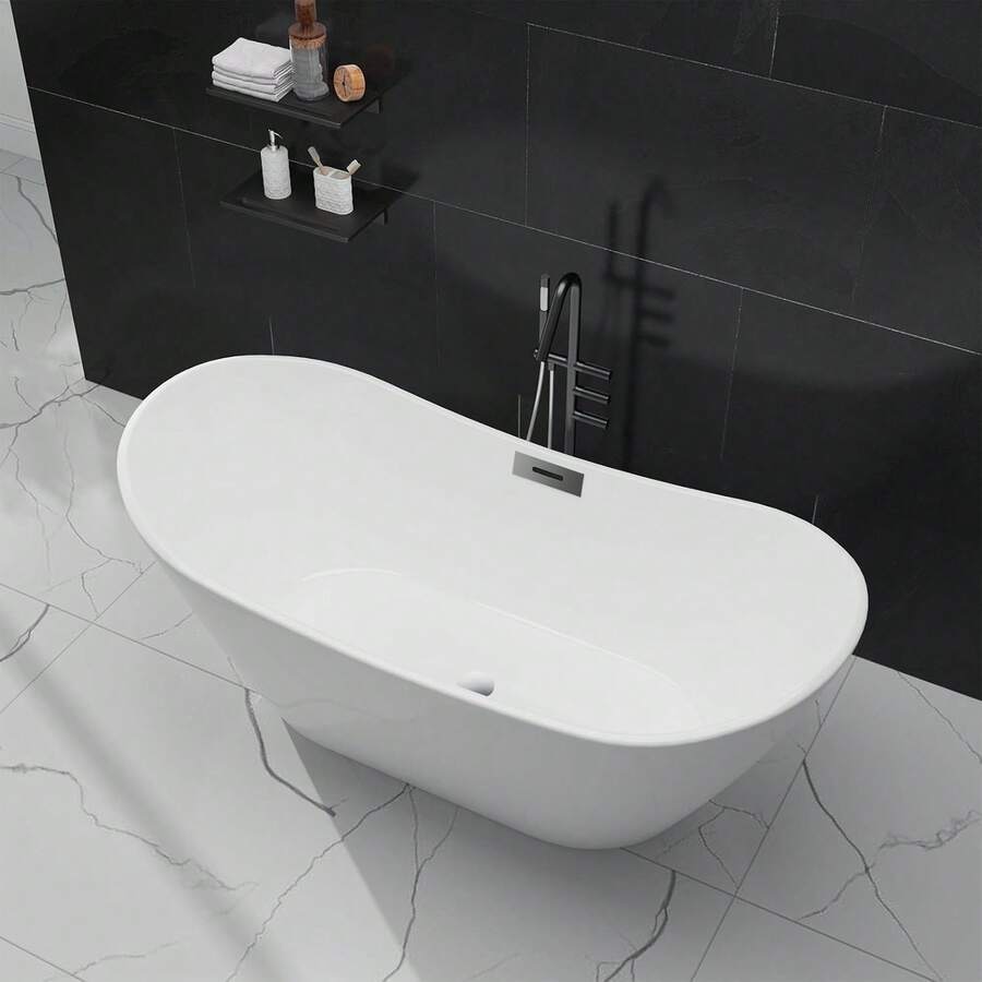 Freestanding Bathtub 59 Inch Acrylic Soaking Tub With Chrome Drain And Overflow, Compact Modern Tub For Bathroom Upgrade And Relaxation - White - View 1