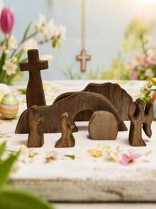 13pcs Easter Resurrection Scene & Cross Decor Set, Wooden Easter Resurrection Scene Cross Jesus Tomb Tray Set, Jesus Nativity Scene Decor, Suitable For Religious Places, Home Office Desk, Christian Gifts, Home Figurine Decor, Cemetery Easter Holiday Table Decor - Brown - View 5