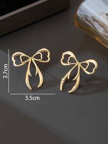 1 Pair Delicate Heart-Shaped Bow Stud Earrings For Women, Romantic Valentine's Day Gift (No Gift Box) - Yellow Gold - View 5
