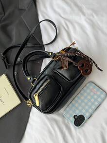 女士复古纯色PU皮革单肩包，多口袋大容量，配有可拆卸吊坠 - 黑色 - 查看 8