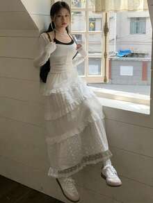 White Lace Trim High Waist A-Line Skirt, Sweet Cake Skirt For Women, Summer - White - View 6