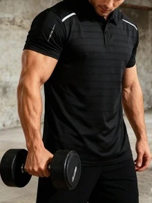 男士速干透气Polo衫，短袖翻领，可机洗，适合户外健身、训练、商务休闲、夏季商务、户外运动、跑步、日常商务休闲穿着 - 黑色 - 查看 5