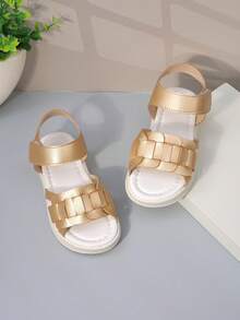 1 Pair Kids' Metallic Gold Woven Detail PU Soft Sole Open-Toe Slingback Flat Sandals | Princess Shoes For Toddler Girls Party/Holiday - Camel - View 1