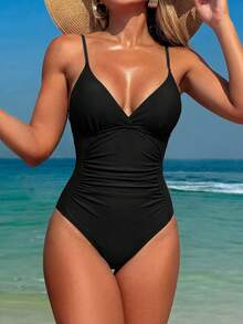 SHEIN Swim 1 件女式纯色褶皱泳衣夏季 - 黑色 - 查看 1