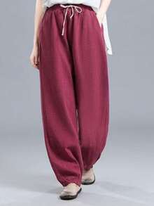 Pantalones sueltos de mujer de unicolor casual con bolsillo anudado y cordón de primavera - Rosa Fucsia - Ver 3