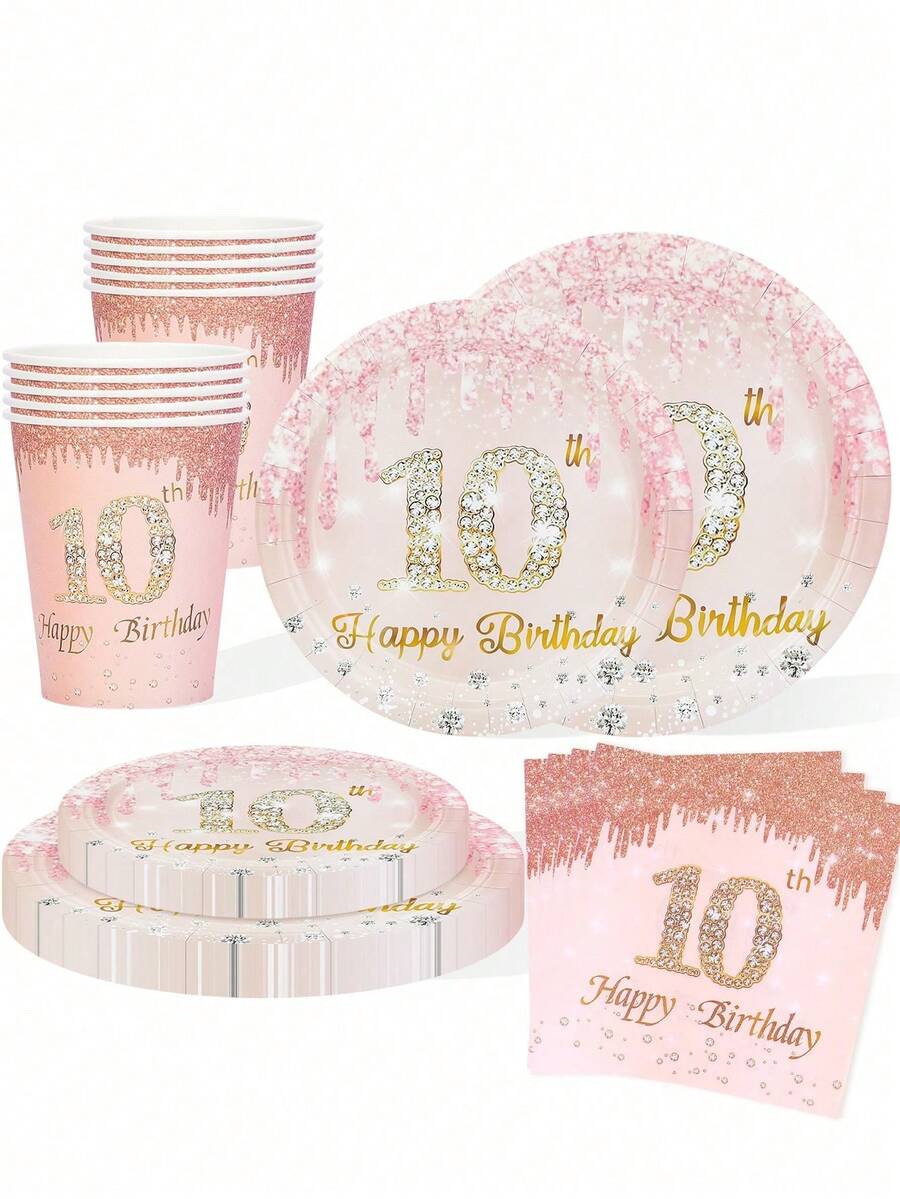 10pcs/20pcs/50pcs/80pcs Rose Gold 10th Birthday Party Paper Plates Cups And Napkins Tableware Girls 7 Inch Rose Golden Cake Plates 9 Inch Dinner Plates 10 Years Old Table Decorations Happy Ten Years Old Tableware Set Pink 10th Birthday Party Supplies - Multicolor - View 1
