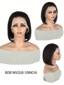 女士真人发假发 - Elighty 180% 超高密度酒红色波波头假发，8-10 英寸短直无胶蕾丝前假发，预先修剪的自然发际线，适合日常佩戴 - 彩色 - 查看 10