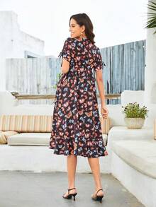 KUYIGO Black Floral High-Waisted Maternity Wrap Dress - Nhiều màu - Xem 2