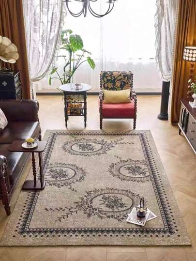 1pc Vintage Luxurious Floral Scroll Pattern Rug, Beige & Dark Black Retro Floral Design Square Carpet For Living Room, Soft & High-End, Tranquil Vintage Luxurious Ambiance