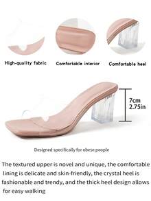 NANBEI ZUO Wide Fit Women's Fashionable Elegant Apricot Square Toe Transparent Strap Plus Size One-Piece Slip-On Crystal Heel High Heel Sandals, Summer New Minimalist Versatile Chunky Heel Slide Sandals, Suitable For Office/Street/Mall/Date Wear - Apricot - View 3