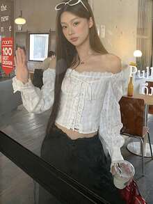 French Elegant White Tie-Up Blouse, Off-Shoulder Design, Spring/Autumn - White - View 6