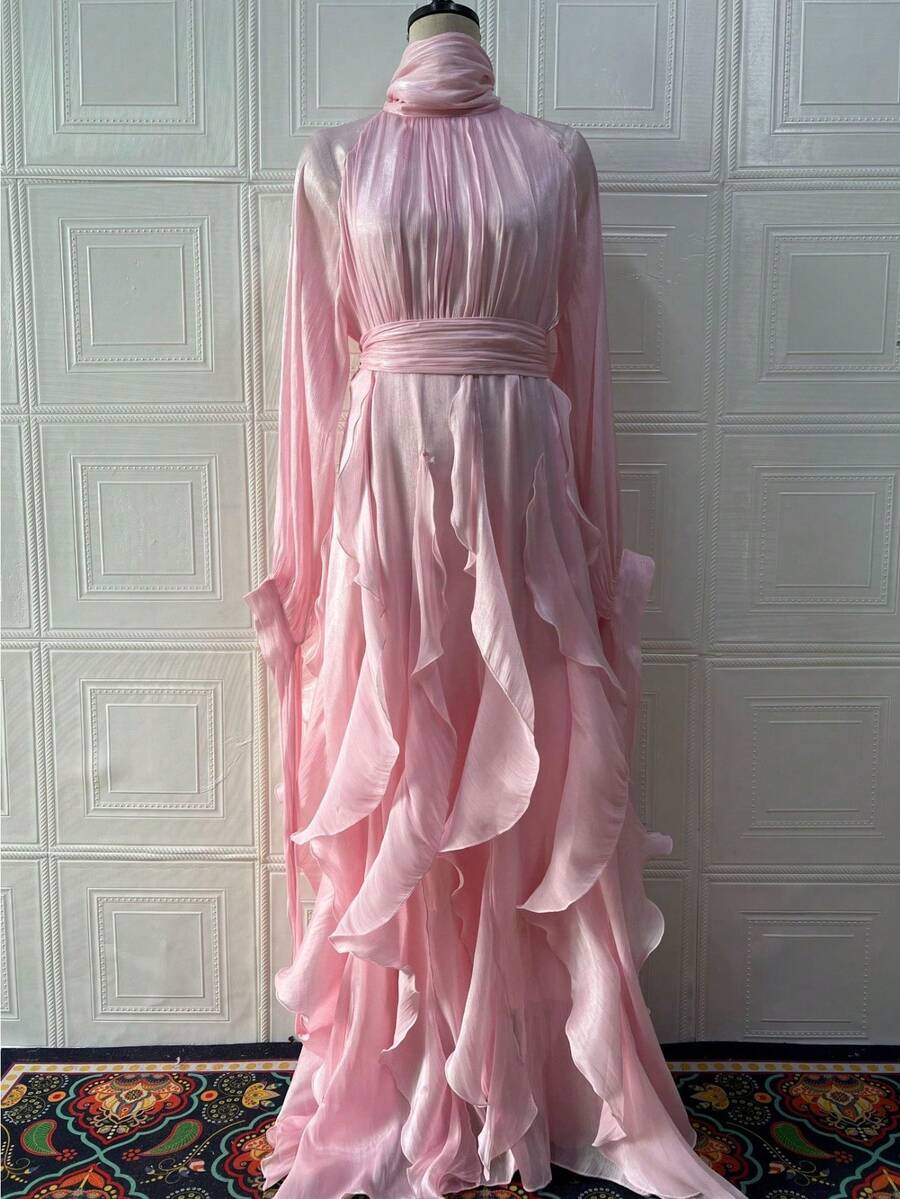 Vestidos Elegantes De Mujer,Women's Elegant And Stylish Ruffled Fitted Dress - Hồng - Xem 1