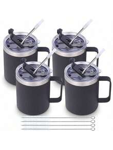 Volhoply - Taza de café con asa de acero inoxidable y aislamiento hermético, con tapa corrediza y popote, mantiene el frío y el caliente, tazas de campamento, 2 piezas, 355 ml, blanco - Negro - Ver 1