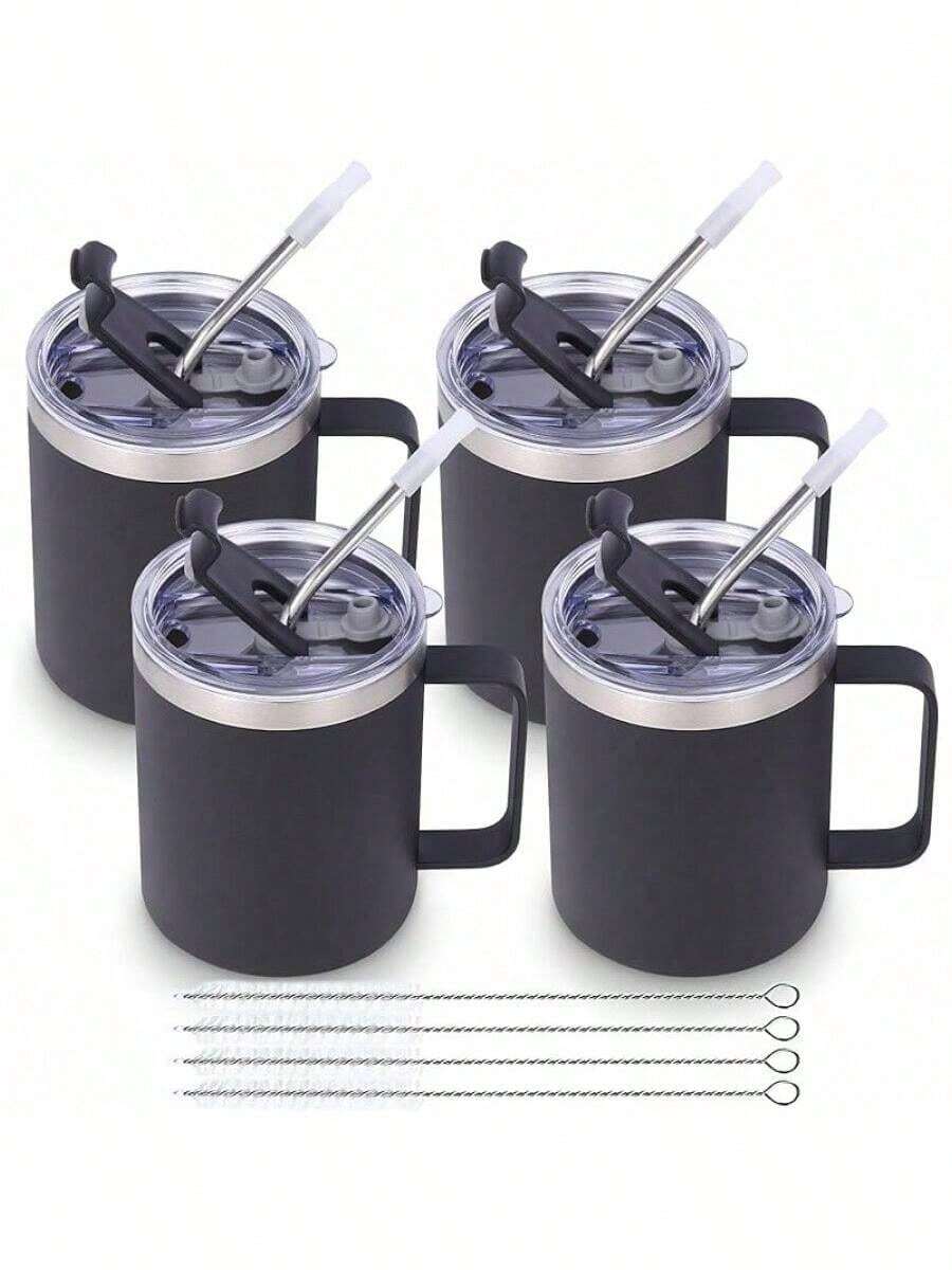 Volhoply - Taza de café con asa de acero inoxidable y aislamiento hermético, con tapa corrediza y popote, mantiene el frío y el caliente, tazas de campamento, 2 piezas, 355 ml, blanco - Negro - Ver 1