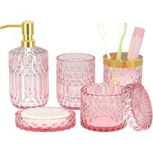 5-Piece Pink Diamond-Cut Glass Bathroom Accessories Set, Includes Soap Dispenser, Soap Dish, Toothbrush Holder, Tumbler & Cotton Swab Jars, Modern Crystal Decor For Bathroom - Housewarming Gift - 粉紅色 - 查看 1