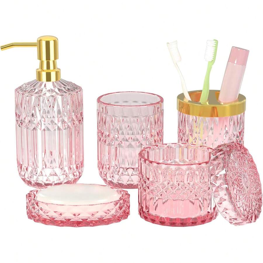 5-Piece Pink Diamond-Cut Glass Bathroom Accessories Set, Includes Soap Dispenser, Soap Dish, Toothbrush Holder, Tumbler & Cotton Swab Jars, Modern Crystal Decor For Bathroom - Housewarming Gift - 粉紅色 - 查看 1