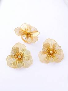 3件套金色镂空花朵耳环戒指套装，时尚优雅，适合派对、宴会和日常佩戴。 - 金黃色 - 查看 6