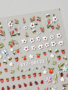 2张春季可爱蜜蜂、瓢虫、花朵美甲贴纸，5D立体迷你动物，草莓花瓣美甲贴花，DIY美甲用品，婚礼美甲装饰 - 彩色 - 查看 5