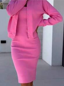 Suspender Hip Hugging Solid Color Dress With Buttons Loose Coat Top Two-Piece Women's Suit - 玫紅色 - 查看 1