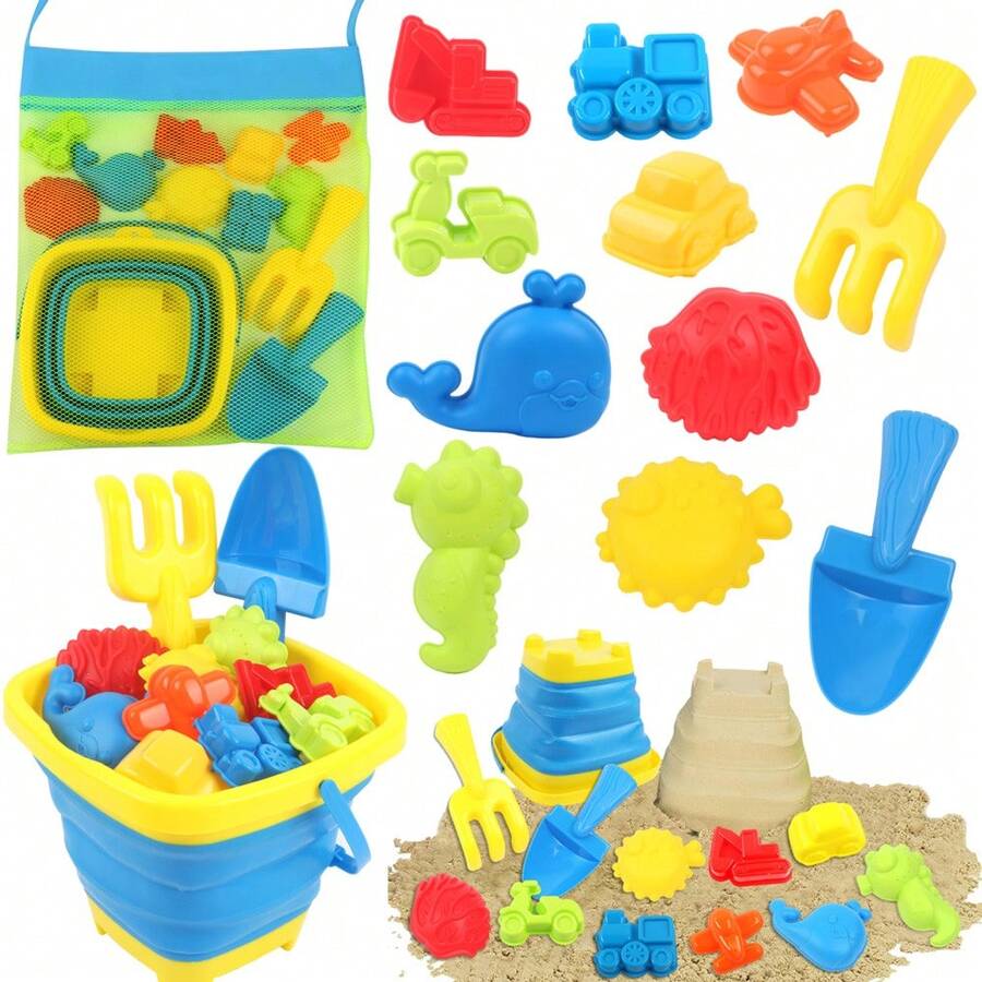 13pcs Beach Toys Set, Kids Sand Box Toys Including Cars, Planes, Whale & Shell Models, Beach Tools Set, Bucket With Net Bag, Suitable For 3-12 Years Old Children
