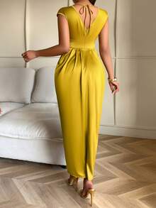 AIJ Amarilo 女士新款秋冬优雅派对、晚宴、婚礼、情人节金色V领褶皱缎面泡泡裙 - 薑色 - 查看 2