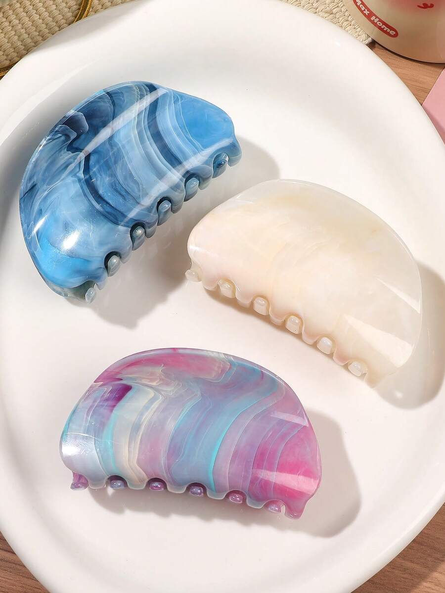 3件套ABS大理石渐变发爪夹，优雅简约渐变色，米色、海军蓝、浅蓝色，中号，适合派对和正式场合，女士发饰，时尚发夹，休闲发卡 - 3件套-大理石半圓 - 查看 1