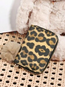 With A Pom-Pom Charm,Leopard Print Pattern Versatile Coin Wallet,Zipper Card Holder Multi-Card Card Organizer For Storage Credit Cards,Lightweight Minimalist,Fashion,Modern,Business,For Anniversary,For Christmas,On Valentine Day,For Birthday Gift,For Gift,For Lover For Women,For Girls,For Lady,For Female,Bag School Supplies For School Dorm Room & Back To School - Khaki - View 6