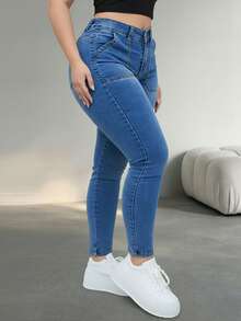 大码修身牛仔裤，带拉链口袋和纽扣细节，弹力舒适，休闲女裤，春季款 - 藍色 - 查看 7