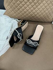 Black Rhinestone Strap Chunky Heel Sandals, Fashion Versatile Square Toe Comfortable Non-Slip Slides For Teens, Suitable For Party, Daily Wear - Black - View 13