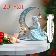 2D平面优雅亚克力斋月女孩雕塑 – 波西米亚风格透明桌面摆件，新月与花卉设计，是新年、生日和毕业礼物的完美之选。斋月装饰艺术工艺品，伊斯兰家居装饰 - 彩色 - 查看 5