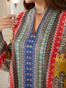 Elegant Women's Notched Neck Long Sleeve Bohemian Print Dress, Made Of Soft Fabric, Showcasing A Vibrant Bohemian Style - BX07 - View 3