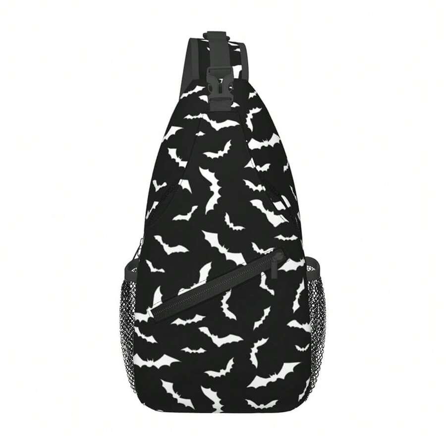 Bat Sling Bag For Women Crossbody Bag Swarm Of White Flying Bats Silhouettes On Black Background Sling Backpack For Men Cool Animal Print Shoulder Bag Gym Sports Travel HiFKing Daypack - 白色黑色 - 查看 1