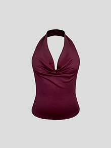 Burgundy Women's Draped Backless Camisole, Front Draped Design, Low-Cut Backless, Ruched Backless Sleeveless Cropped Style - Burgundy - View 6